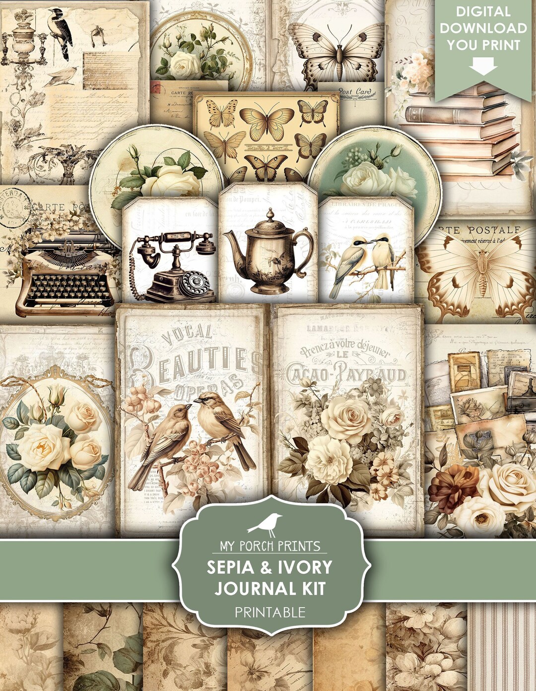 Junk Journal, Sepia, Ivory, Antique, Flowers, Neutral, Vintage ...
