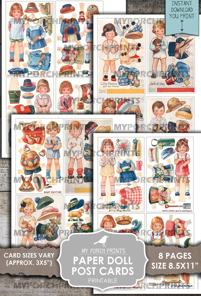 Puede incluir: Postales de papel de mu&ntilde;ecas imprimibles con ocho ilustraciones vintage diferentes de ni&ntilde;os. Cada postal mide aproximadamente 3x5 pulgadas e incluye una variedad de ropa y accesorios para cortar y vestir las mu&ntilde;ecas. Las postales se imprimen en papel de 8,5x11 pulgadas.