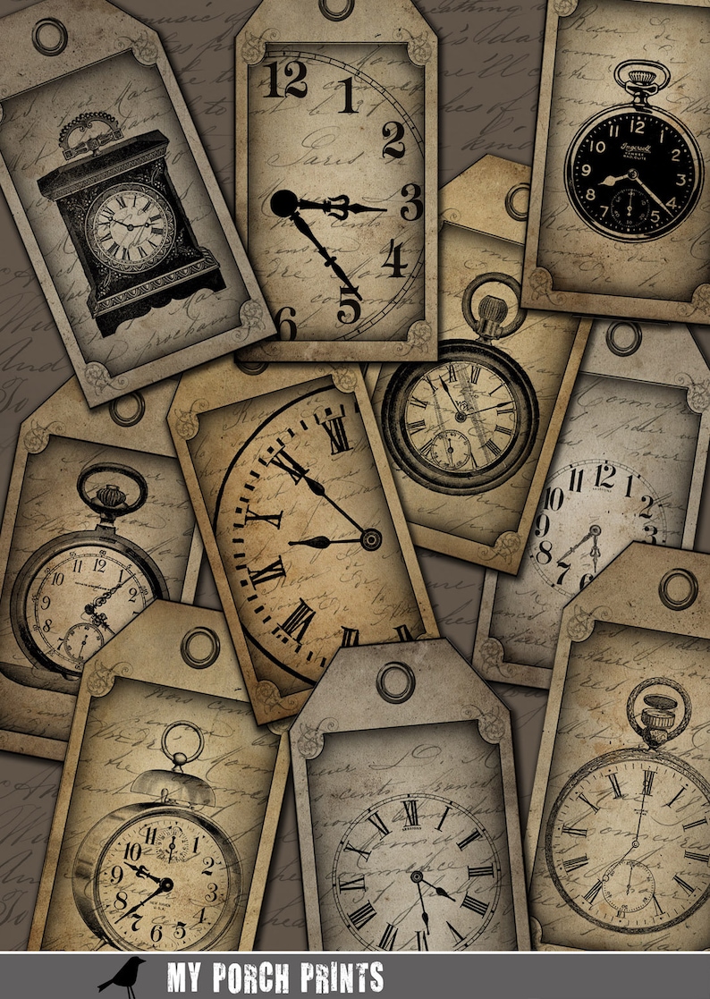 Clock Tags, Scrapbook Paper, Steampunk, Grunge, Party, Potion Labels ...