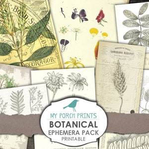Botanical Ephemera Pack, Junk Journal Ephemera, ansichtkaart, collageblad, download, ATC, digitaal, Junk Journal Kit, label, vintage, afdrukbaar