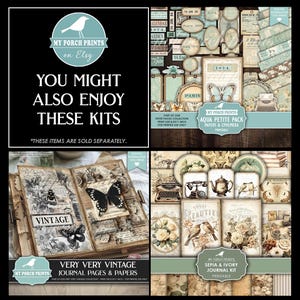 May include: A collage of vintage-themed paper and ephemera kits. The image includes journal pages, decorative tags, and patterned papers in sepia, ivory, and aqua tones. The text includes "Vintage," "Paris," and "Printable."