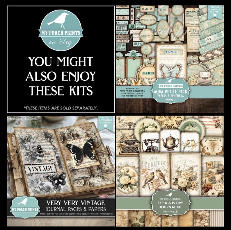 May include: A collage of vintage-themed paper and ephemera kits. The image includes journal pages, decorative tags, and patterned papers in sepia, ivory, and aqua tones. The text includes "Vintage," "Paris," and "Printable."