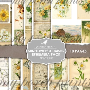 May include: A printable ephemera pack with 10 pages of vintage images featuring sunflowers and daisies. The pack includes images of flowers, text, and other vintage designs.