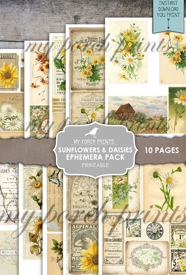 May include: A printable ephemera pack with 10 pages of vintage images featuring sunflowers and daisies. The pack includes images of flowers, text, and other vintage designs.