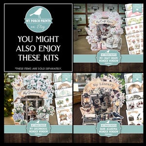 Peut inclure: Un collage de kits d'artisanat en papier imprimables de My Porch Prints sur Etsy. Les kits comprennent des mod&egrave;les pour une salle d'artisanat, une serre et une biblioth&egrave;que, avec des &eacute;l&eacute;ments d&eacute;coratifs comme des fleurs, des papillons et des objets vintage. Le texte dit "You Might Also Enjoy These Kits."
