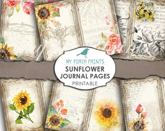 Sunflower, Journal Pages, Junk Journal Kit, Papers, Ephemera, Daisy, Autumn, Scrapbook, Printable, Fall, Digi Kit, Garden, Collage Sheet