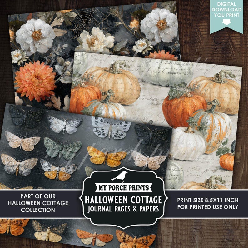 Halloween Cottage Junk Journal PAGES & PAPERS, Autumn, Floral, Fall ...