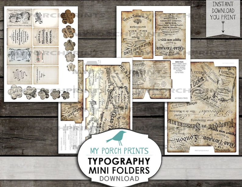 May include: Printable typography mini folders with vintage French designs. The folders feature black and white text on a cream background. The text includes the words "Vins & Spiritueux", "Acao Payraud", "Freres de la Madeleine", and "Paris".