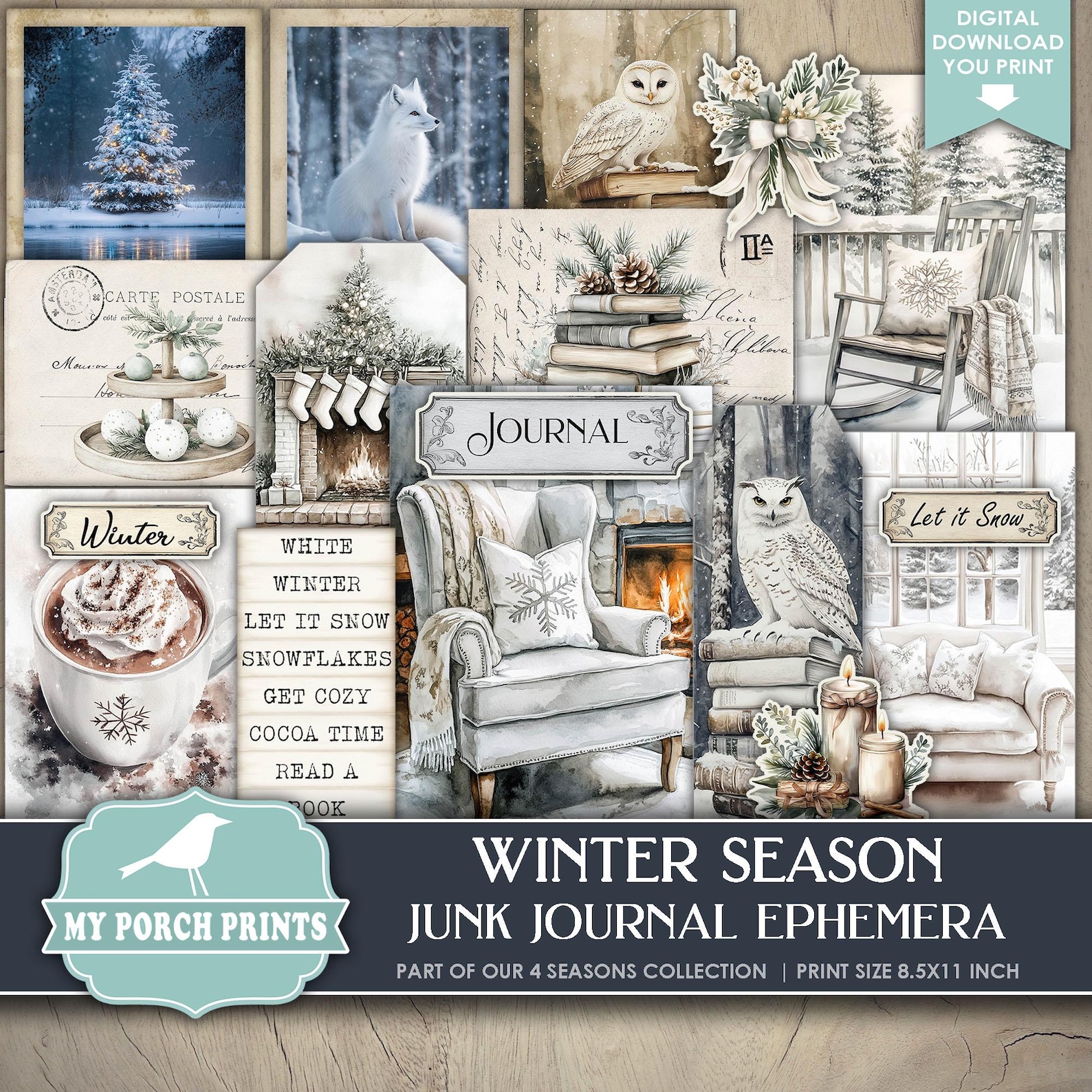 Winter Season EPHEMERA, Junk Journal, Kit, White, Neutral, Holiday ...