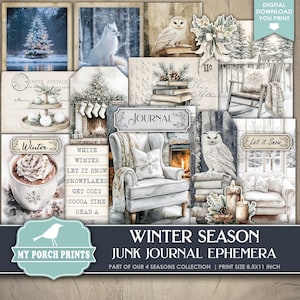 Winter Season EPHEMERA, Junk Journal, Kit, White, Neutral, Holiday, Vintage, Four, 4, Seasons, My Porch Prints, Printable, Digital Download
