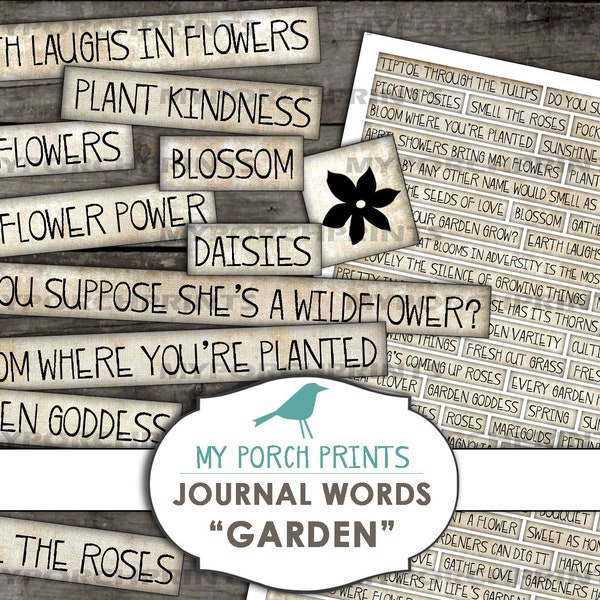 Garden Journal Words, Phrases, Inspirational, Mixed Media, Flower, Rose, Art, Collage Sheet, Scrapbooking, Junk Journal, Printable, Ephemera