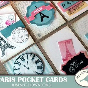 París, Kit de cartas de bolsillo, Tarjeta, ATC, diario basura, Papel para álbumes de recortes, Álbum de recortes, Adorno, San Valentín, Diario, Efímera, Papel para manualidades, Etiqueta