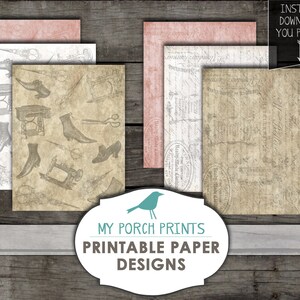 Pode incluir: Conjunto de seis designs de papel digital imprim&iacute;veis. Os pap&eacute;is apresentam uma est&eacute;tica vintage com uma gama de cores rosa claro, branco e bege. Os designs incluem uma m&aacute;quina de costura, sapatos e outros elementos de inspira&ccedil;&atilde;o vintage.