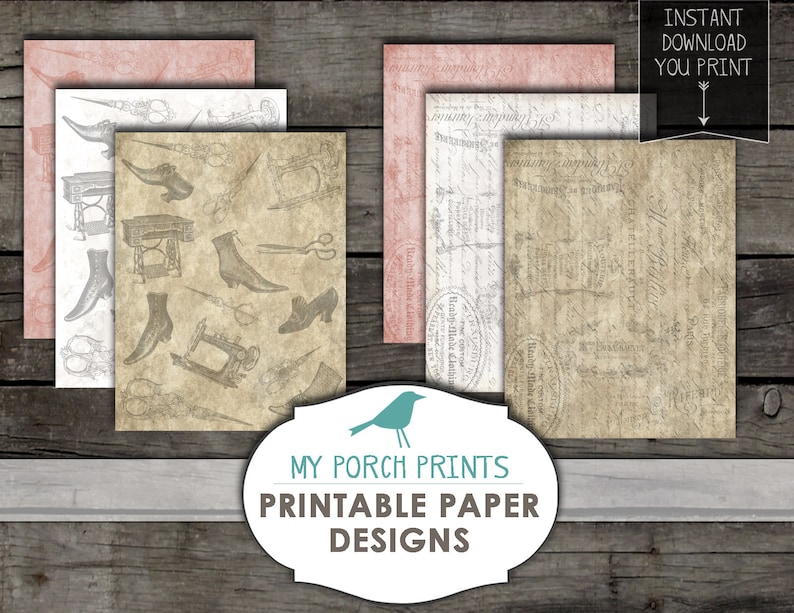 Pode incluir: Conjunto de seis designs de papel digital imprim&iacute;veis. Os pap&eacute;is apresentam uma est&eacute;tica vintage com uma gama de cores rosa claro, branco e bege. Os designs incluem uma m&aacute;quina de costura, sapatos e outros elementos de inspira&ccedil;&atilde;o vintage.