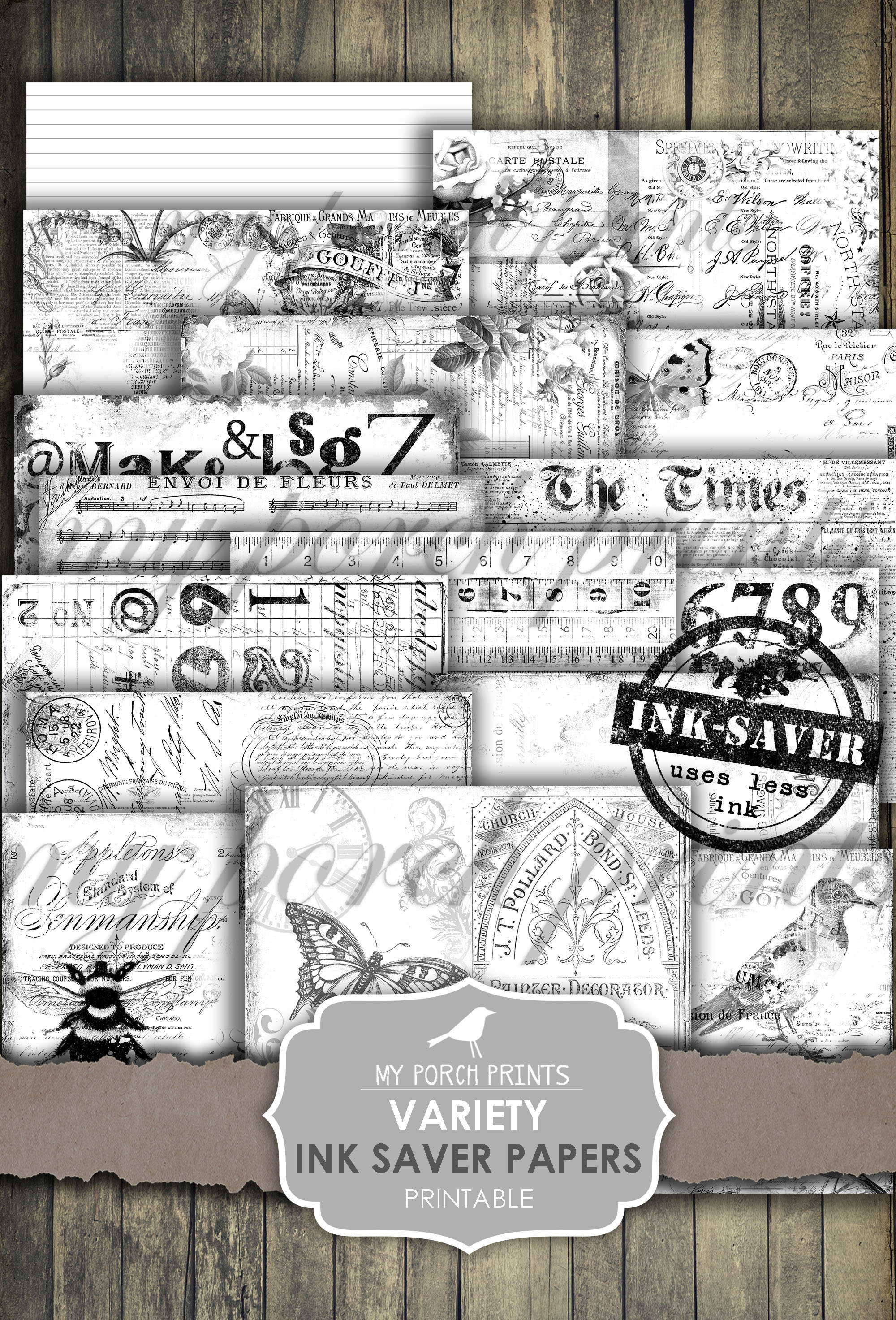 Variety, Junk Journal, Printable, Papers, Ink Saver, Black and White, Collage Sheets, Digital Kit, My Porch Prints, Vintage, Download, Print