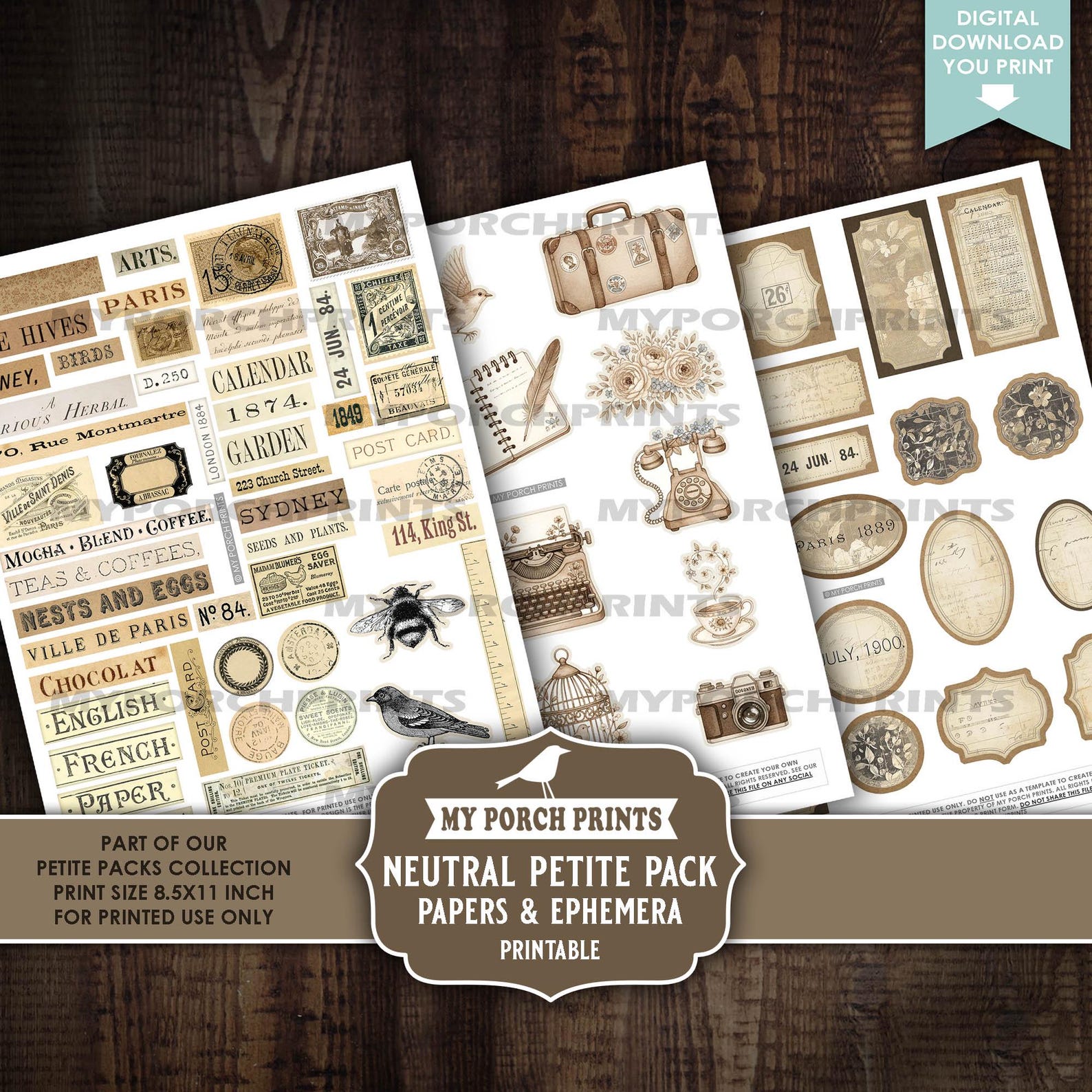 Neutral Petite Pack Junk Journal Ephemera and Papers Kit, Brown Numbers ...