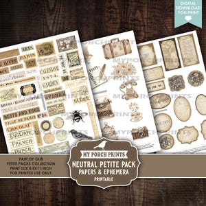 May include: A collection of printable vintage-style papers and ephemera. The designs include stamps, labels, and illustrations of a bee, bird, and typewriter. The color palette is neutral with sepia tones, perfect for scrapbooking and crafting projects.
