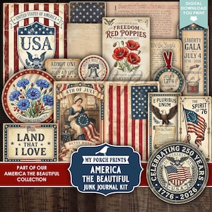 May include: A collection of vintage-style patriotic ephemera featuring the American flag, historical documents, and illustrations. Includes images of the Liberty Bell, Betsy Ross, and the text "America the Beautiful." The color palette is red, white, and blue.