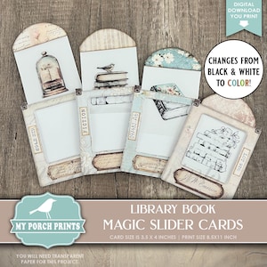 Library Book Magic Slider Cards, Junk Journal, Black and White, Color Changing, Transparent, My Porch Prints, Printable, Digital Download