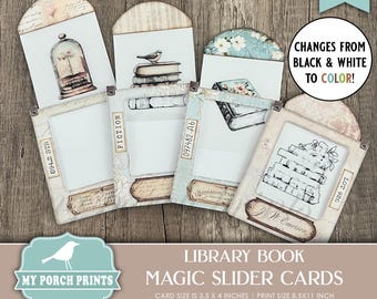 Tarjetas deslizantes mágicas para libros de biblioteca, diario creativo, blanco y negro, cambio de color, transparente, My Porch Prints, imprimible, descarga digital