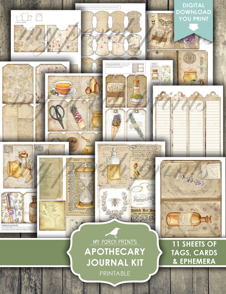 Junk Journal Kit, Apotekare, Natur, Örter, Läkning, Cottagecore, Vetenskap, Steampunk, Shabby, Min veranda-tryck, Digital nedladdning, Utskrivbar bild 6