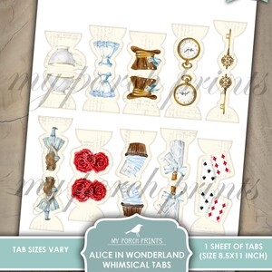 K&ouml;nnte beinhalten: Druckbare Alice im Wunderland-Tabs mit Bildern einer Teetasse, einer Taschenuhr, eines Schl&uuml;ssels, einer Rose, eines Cupcakes und Spielkarten. Die Tabs sind f&uuml;r die Verwendung mit einem Planer oder Tagebuch gedacht.