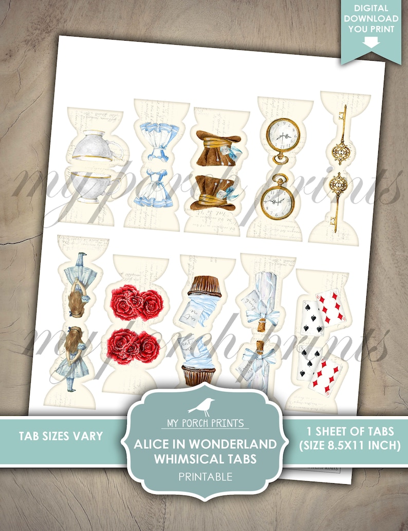 K&ouml;nnte beinhalten: Druckbare Alice im Wunderland-Tabs mit Bildern einer Teetasse, einer Taschenuhr, eines Schl&uuml;ssels, einer Rose, eines Cupcakes und Spielkarten. Die Tabs sind f&uuml;r die Verwendung mit einem Planer oder Tagebuch gedacht.