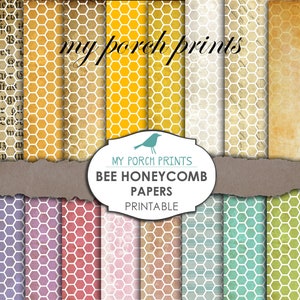 May include: A set of 16 printable digital papers featuring a honeycomb pattern in various colors, including yellow, orange, red, purple, green, and blue. The papers are labeled "My Porch Prints Bee Honeycomb Papers Printable".