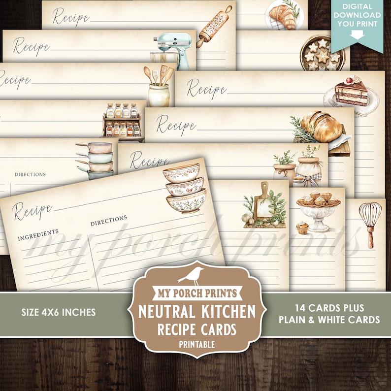 May include: A collection of neutral kitchen recipe cards with watercolor illustrations of baking tools and food items. The cards are 4x6 inches and include space for recipes, ingredients, and directions. The set includes 14 cards plus plain and white cards.