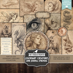 May include: A collage of vintage-style ephemera featuring mythical creatures like dragons, fairies, and a phoenix. The artwork includes illustrations, tags, and labels with text such as "Legendary Creatures" and "Digital Download You Print". The overall color palette is sepia and brown.
