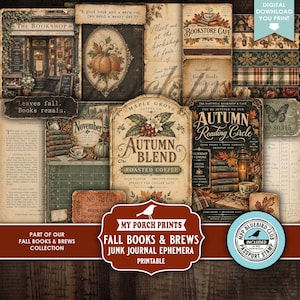 Puede incluir: Una colección digital de efímeros para diario creativo con temática otoñal, que incluye ilustraciones de librerías, etiquetas de café, texto vintage, motivos de calabazas y patrones de follaje. Incluye tarjetas, etiquetas y papeles.