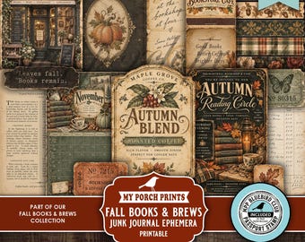Puede incluir: Una colección de efímeros para diario creativo imprimibles con diseños otoñales, incluyendo ilustraciones de librerías, motivos de calabazas, etiquetas de café, páginas de libros contables y texto como Autumn Reading Circle y Fall Books & Brews.