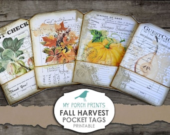 May include: Four printable fall harvest pocket tags with vintage designs. The tags feature images of pumpkins, pears, and leaves. The text on the tags includes "Guest Check", "Carif de Bruncande", "Maison de Gros", and "Georges Guillemont".