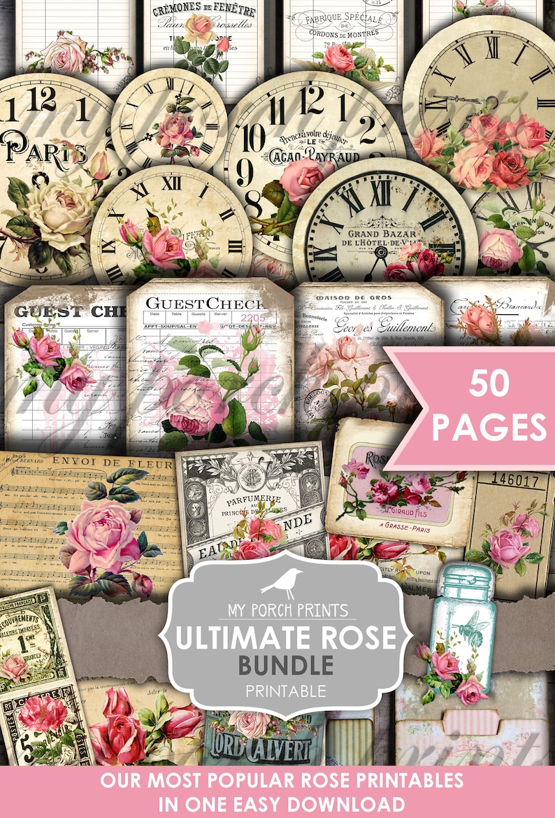 May include: A digital collage featuring vintage clocks, receipts, and labels adorned with roses. The design includes the text "Ultimate Rose Bundle Printable" and "50 Pages". The color palette is primarily cream, pink, and green.