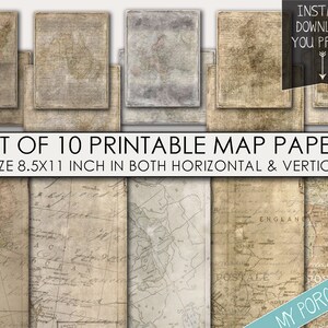 Puede incluir: Conjunto de 10 papeles de mapas imprimibles, cada uno mide 8,5 x 11 pulgadas. Los papeles presentan mapas de estilo vintage con colores descoloridos y un aspecto desgastado. El texto "INSTANT DOWNLOAD YOU PRINT" es visible en la parte superior de la imagen.
