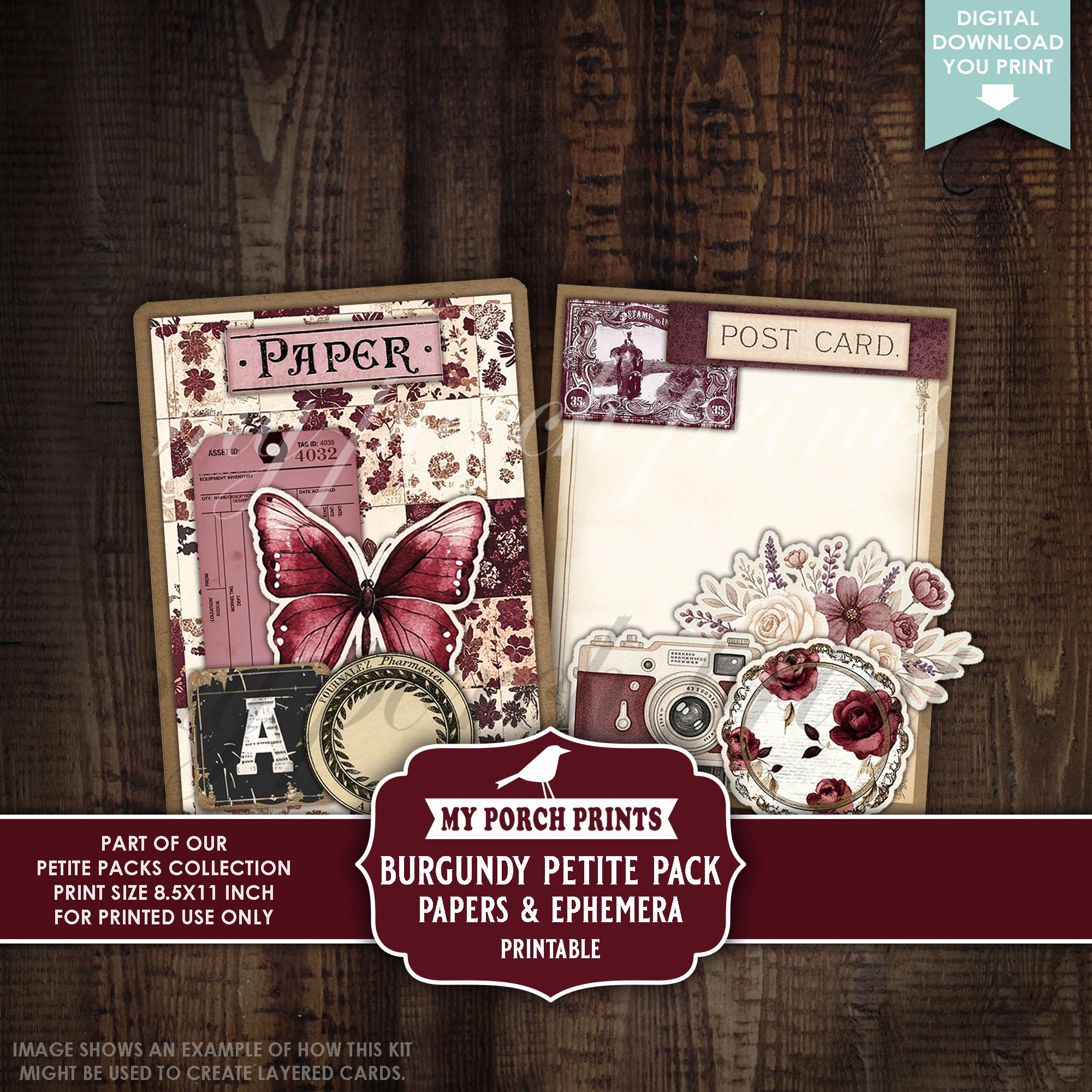 Burgundy Petite Pack Junk Journal Ephemera and Papers Kit, Red, Numbers ...