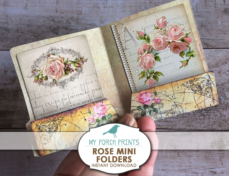 Mini File Folders, Roses, Scrapbook Kit, Junk Journal Kit, Printable ...