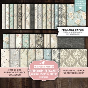 Op de afbeelding: Een verzameling bedrukbare papieren met bloemen-, damast- en scriptontwerpen in zachte pastelkleuren. De papieren zijn gerangschikt in verticale en horizontale patronen. De tekst op de afbeelding luidt "Printable Papers" en "Heirloom Elegance Journal Pages & Papers".