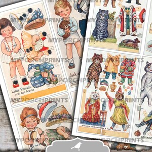 Puede incluir: Postales de papel para mu&ntilde;ecas imprimibles con una variedad de personajes, incluyendo una ni&ntilde;a con un vestido azul, un ni&ntilde;o con un gorro de marinero y un gato con una corona. Las postales miden 8,5 pulgadas por 11 pulgadas y son perfectas para manualidades y juegos.