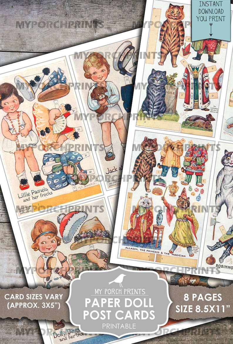 Puede incluir: Postales de papel para mu&ntilde;ecas imprimibles con una variedad de personajes, incluyendo una ni&ntilde;a con un vestido azul, un ni&ntilde;o con un gorro de marinero y un gato con una corona. Las postales miden 8,5 pulgadas por 11 pulgadas y son perfectas para manualidades y juegos.