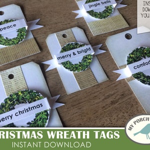 Kerstkrans Tags, cadeaulabel, plakboek, junkjournaal, december dagelijks, afdrukbaar, jute, kit, decoratie, boom, versiering, sieraad