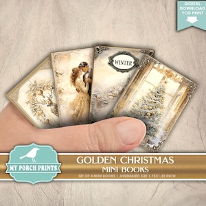 Golden Christmas Mini Books, Junk Journal, Miniature, Gold, Santa, Ornament, Vintage, Neutral, My Porch Prints, Printable, Digital Download