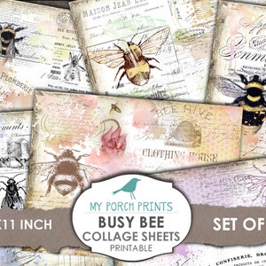 Busy Bee, Collage Sheet, Junk Journal, Journal Page, Watercolor, My Porch Prints, Scrapbook, Ephemera, Kit, Download, Printable Paper