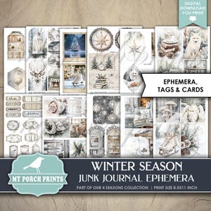 Winter Season EPHEMERA, Junk Journal, Kit, White, Neutral, Holiday ...
