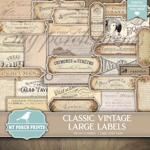 Classic Vintage Large Labels Junk Journal Ephemera, Words, Neutral, Scraps, Planner, Cricut, My Porch Prints Printable, Digital Download