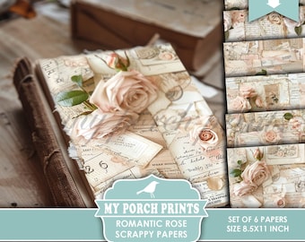 Romantic Rose Scrappy Papers, Junk Journal, Pages, Pink, Vintage, Shabby, Backing, Craft, My Porch Prints, Printable, Digital Download