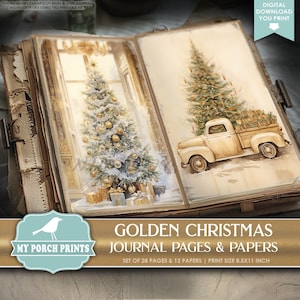 Golden Christmas Junk Journal PAGES & PAPERS, Kit, Gold, Santa, Victorian, Vintage, Neutral, My Porch Prints, Printable Digital Download