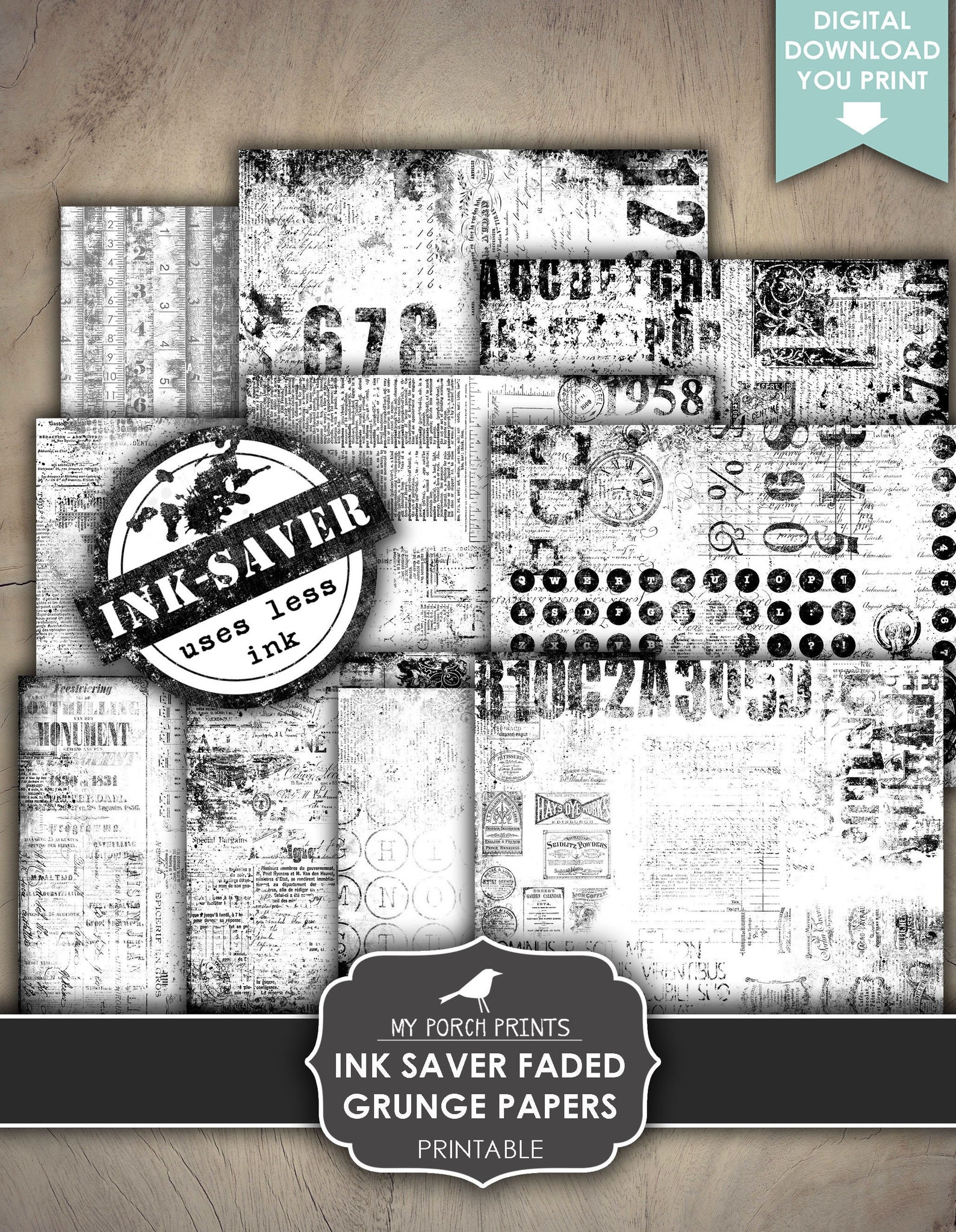 Faded Grunge Papers, Junk Journal, Ink Saver, Vintage, Black and White ...