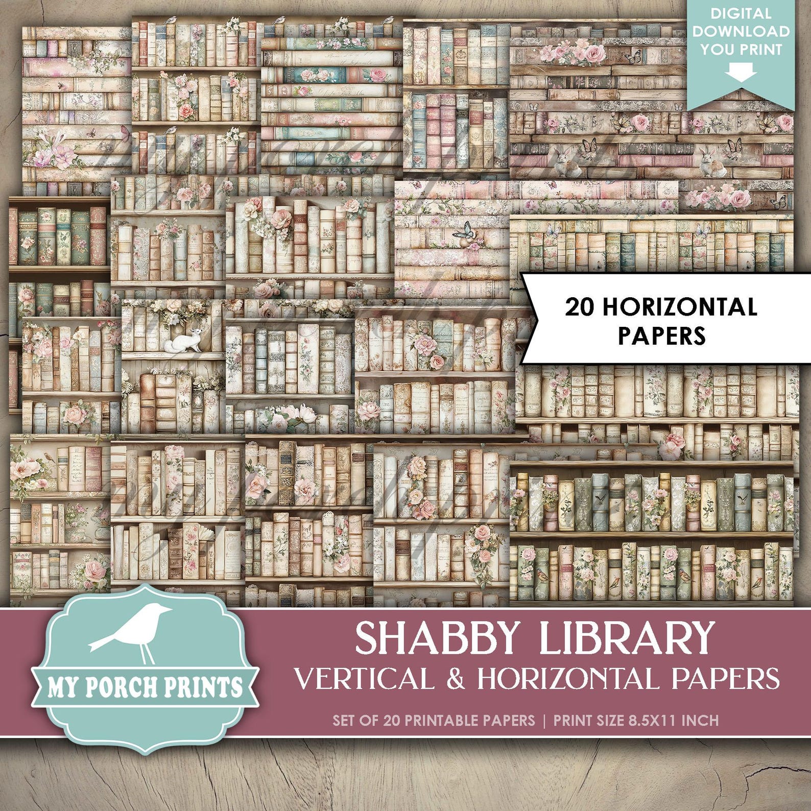 Shabby Library Papers Vertical & Horizontal, Junk Journal, Books ...