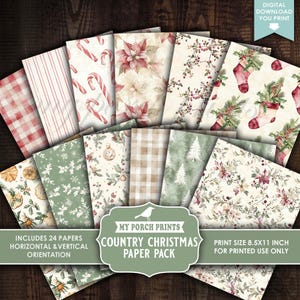 May include: A collection of 24 papers with various Christmas-themed patterns, including candy canes, poinsettias, and plaid designs. The papers are in horizontal and vertical orientations. The text on the image says "Country Christmas Paper Pack" and "Print Size 8.5x11 inch for printed use only."